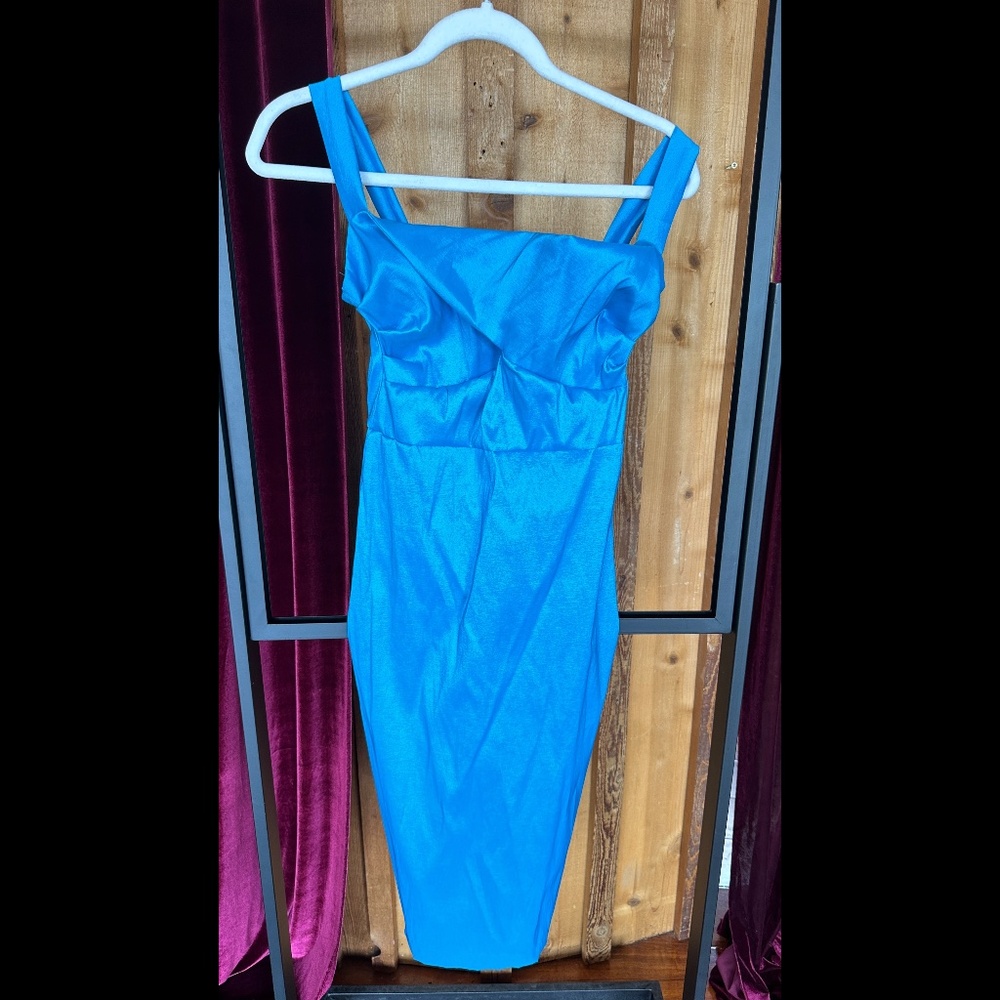 Shiny blue Bettie Page Brand Dress with tags still on